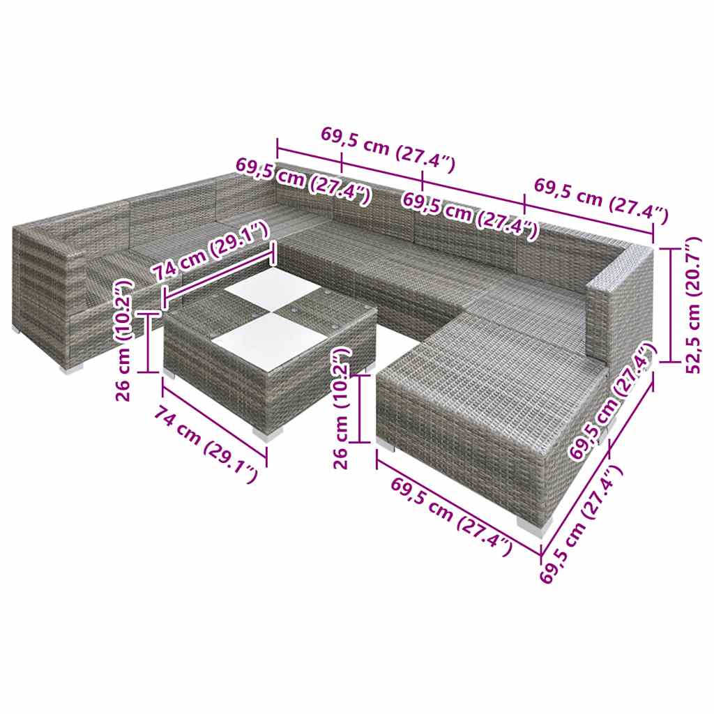 vidaXL 8 Piece Garden Lounge Set with Cushions Poly Rattan Grey vidaXL.sa
