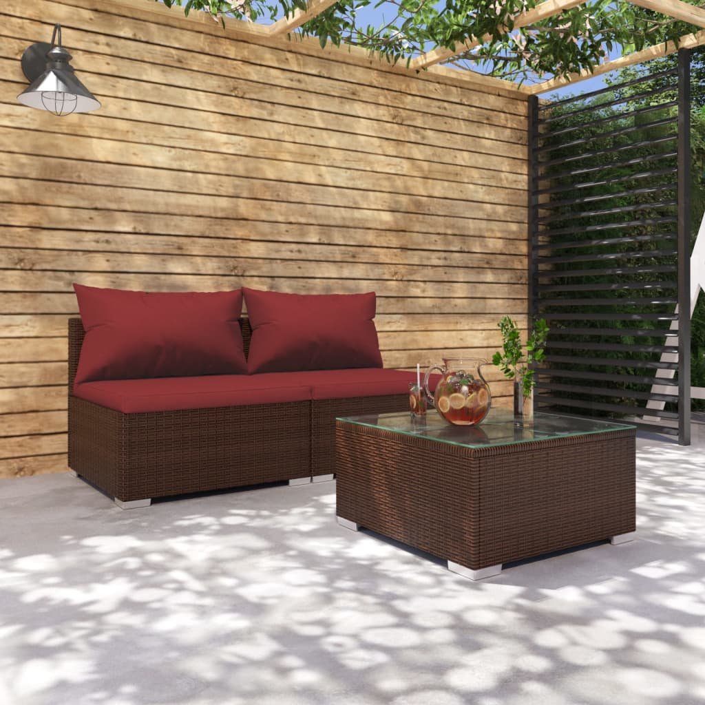 vidaXL 3 Piece Garden Lounge Set with Cushions Poly Rattan Brown