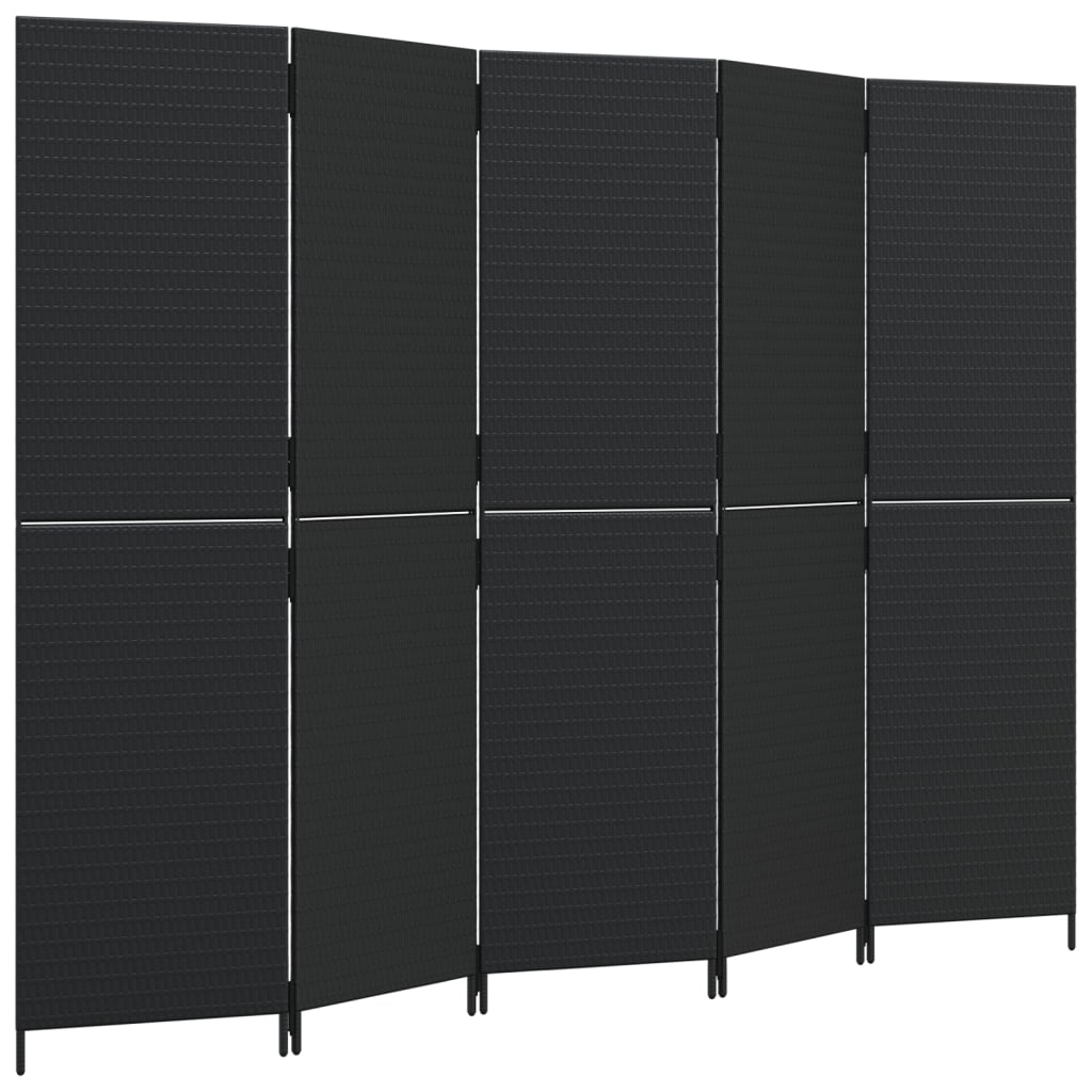 vidaXL Room Divider 5 Panels Black Poly Rattan