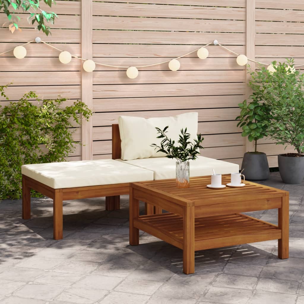 vidaXL 3 Piece Garden Lounge Set with Cream White Cushions Acacia Wood