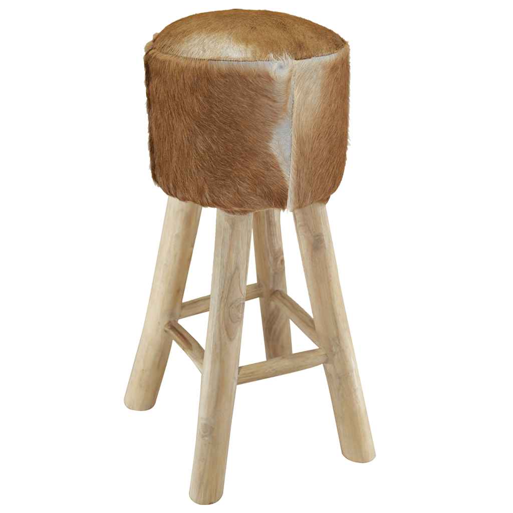 vidaXL Bar Stool Real Leather and Solid Teak Wood