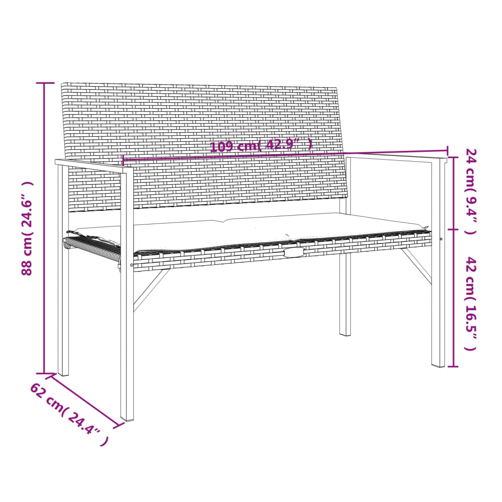 vidaXL 2-Seater Garden Bench with Cushion Grey Poly Rattan