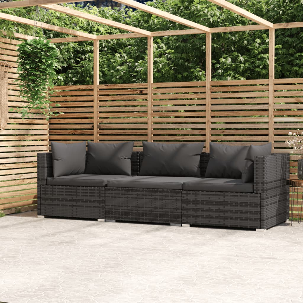 vidaXL 3 Seater Sofa with Cushions Grey Poly Rattan vidaXL.sa