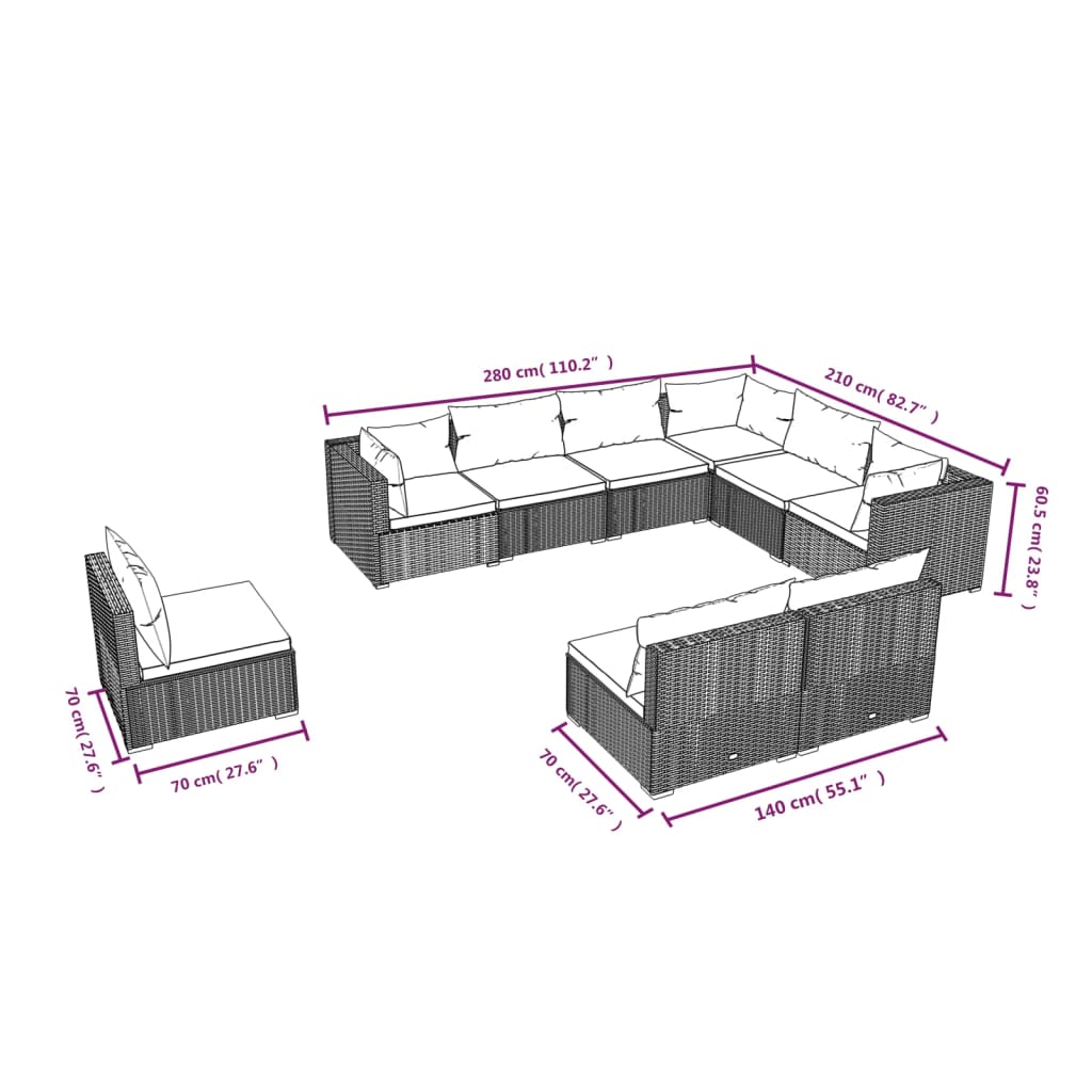 vidaXL 9 Piece Garden Lounge Set with Cushions Poly Rattan Grey